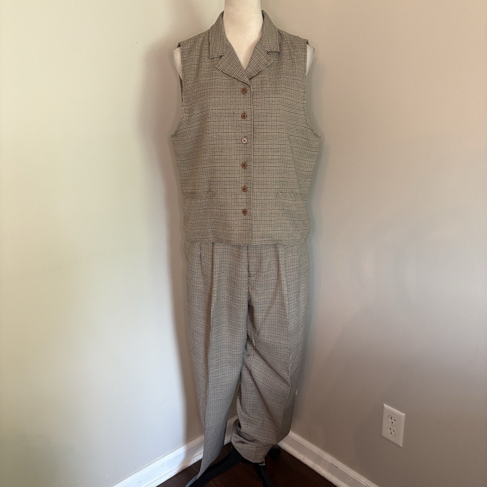 VTG 80s 90s Lee David Brown Houndstooth Co-ord Set Vest Trousers Suit Large 14